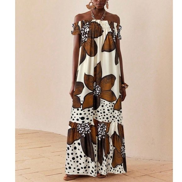 Boho Floral Print Off Shoulder Ruffle Hem Maxi Dress - Picture 1 of 4